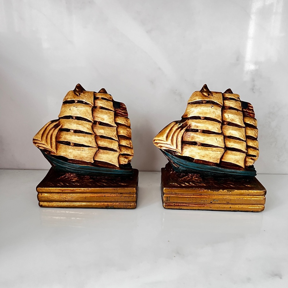 vintage Marion Bronze bookends bronze clad nautical sailing ship 1950s marked